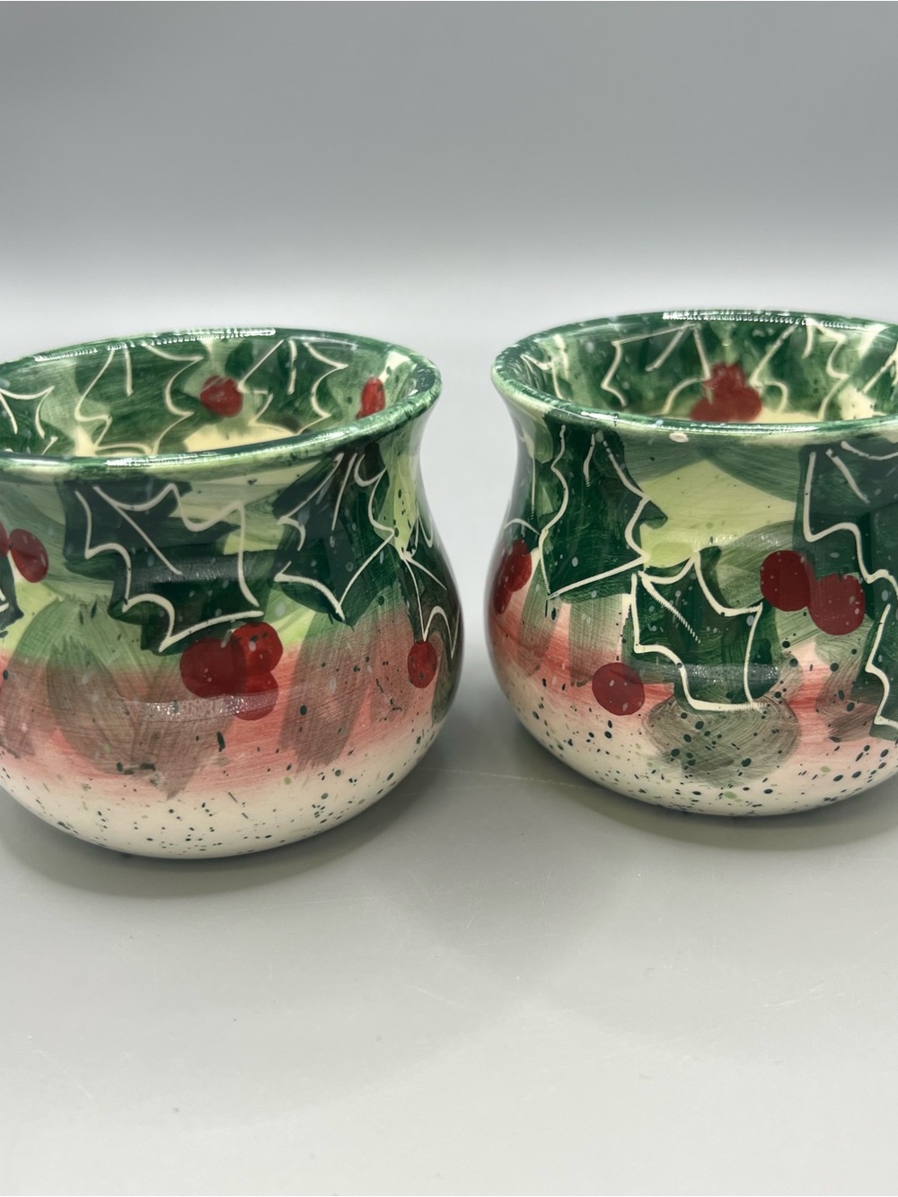 Enesco Julie Ueland 1999 HOLLY BERRY Candle Holder Set of 2 Christmas Holiday